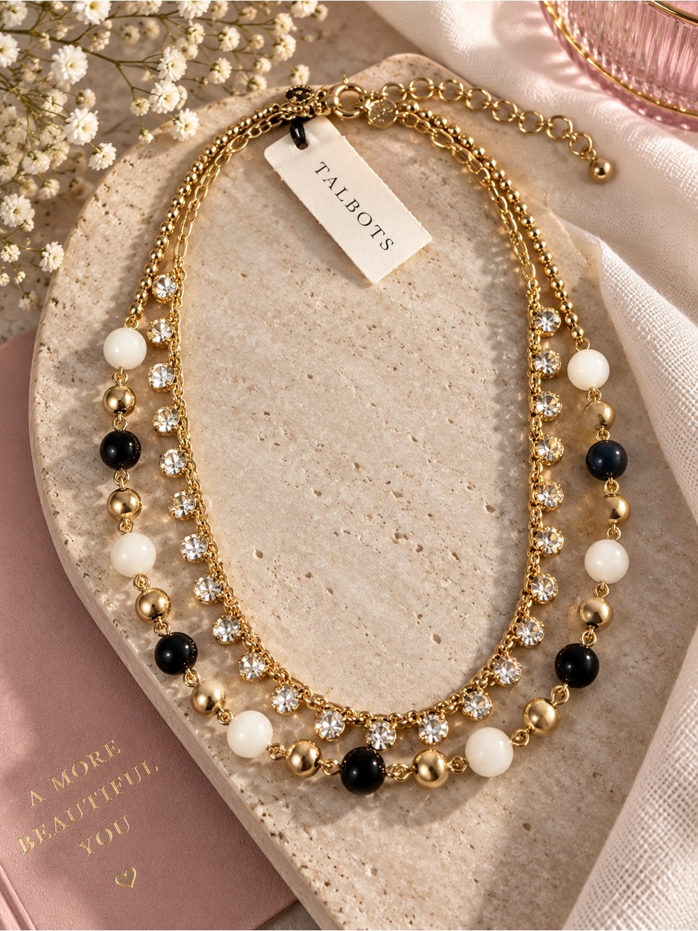 Talbots Gold Triple-Strand Necklace with Black & White Beads